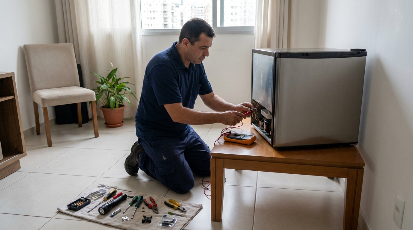Técnico fazendo manutenção do motor de frigobar em Ponta Grossa‑PR